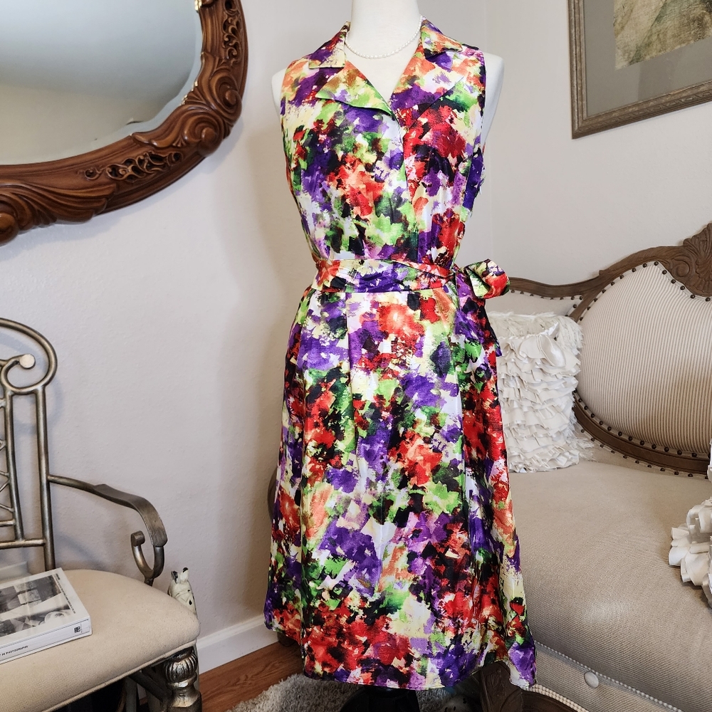 WardorbeA Multi Color Faux Wrap Dress With Belt